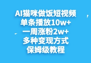 AI猫咪做饭短视频，单条播放10w+，一周涨分2w+，多种变现方式，保姆级教程