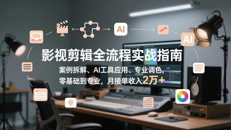 影视剪辑全流程实战指南，案例拆解、AI工具应用、专业调色，零基础到专业，月接单收入2万+