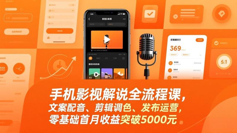 手机影视解说全流程课，文案配音、剪辑调色、发布运营，零基础首月收益突破5000元