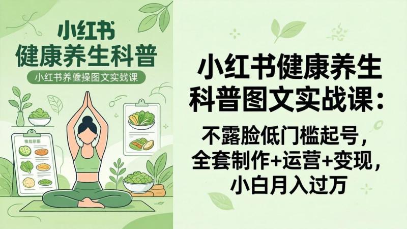 2026小红书健康养生科普图文实战课：不露脸低门槛起号，全套制作+运营+变现，小白月入过万