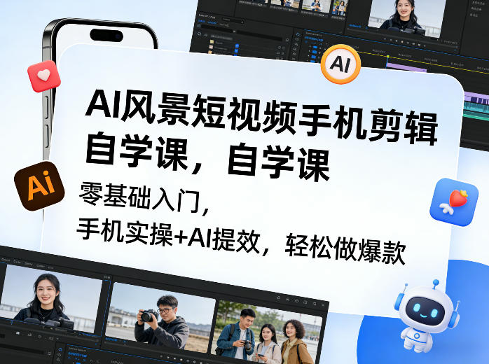 AI风景短视频手机剪辑自学课，零基础入门，手机实操+AI提效，轻松做爆款