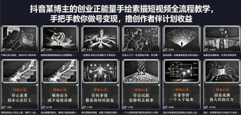 抖音某博主的创业正能量手绘素描短视频全流程教学，手把手教你做号变现，撸创作者伙伴计划收益