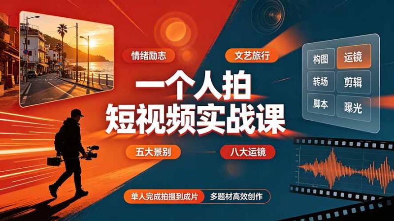 一个人拍短视频实战课：情绪励志文艺旅行多题材×五大景别×黄金构图×八大运镜，从拍摄到成片高效创作