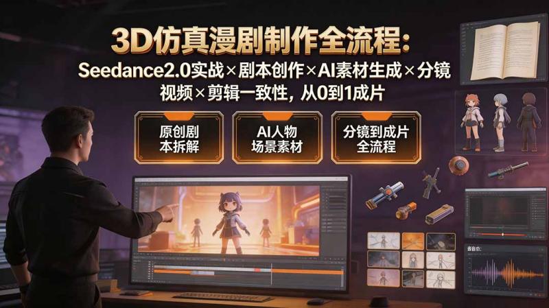 3D仿真漫剧制作全流程：Seedance2.0实战×剧本创作×AI素材生成×分镜视频×剪辑一致性，从0到1成片