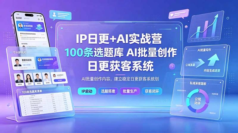 IP日更+AI实战营:IP置顶视频制作×100条选题库搭建×10条日更规划,AI批量创作内容,建立稳定日更获客系统